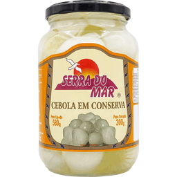 Pote de vidro com 300 gramas de cebolas banhadas no vinagre da marca Serra do Mar