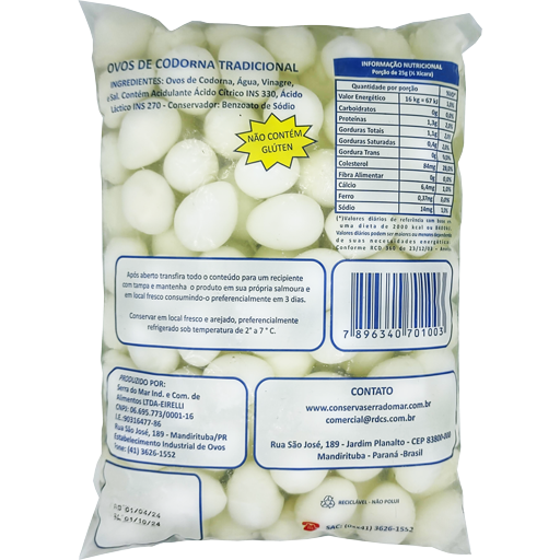 Parte de trás do pacote de ovos de codorna da marca Serra do Mar, em que se pode ver as informações nutricionais, ingredientes e outras informações.