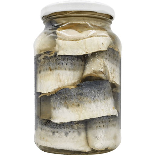 Parte de trás do pote de vidro de Rollmops de 350g sem cobertura do rótulo, em que se vê os filés de sardinha.
