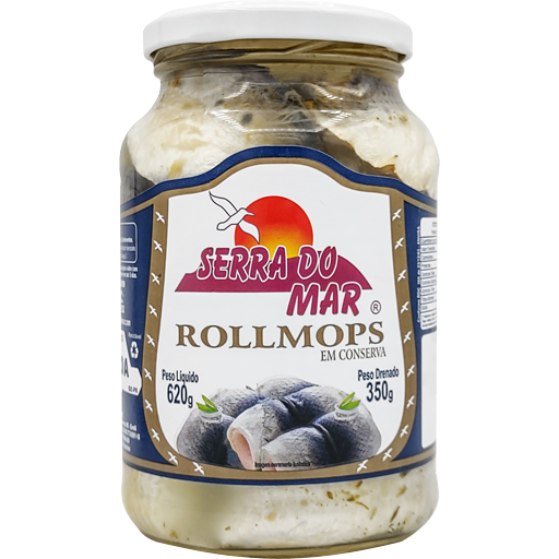 Pote de vidro de 350 gramas de rollmops, um filé de sardinha enrolado em uma cebola e conservado no vinagre, da marca Serra do Mar, indicado com rótulo azul marinho